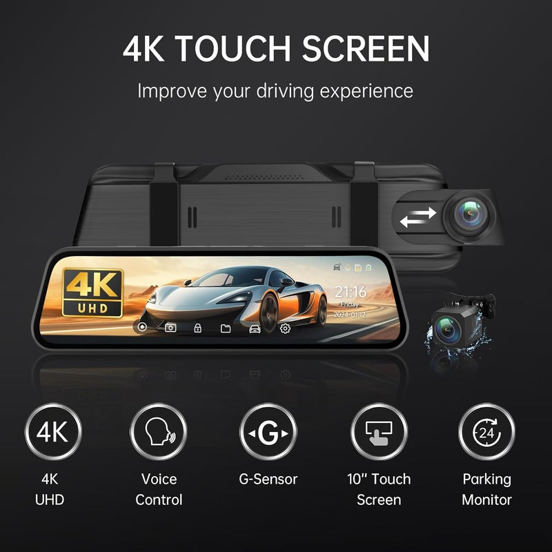 Veement 4K Rear View Mirror Camera, 10'' 4K Mirror Dash Cam with 1080P Backup Camera, Dash Cam Front and Rear for Car with Voice Control, 24H Parking Mode, Night Vision, 32GB SD Card Included - Image 2